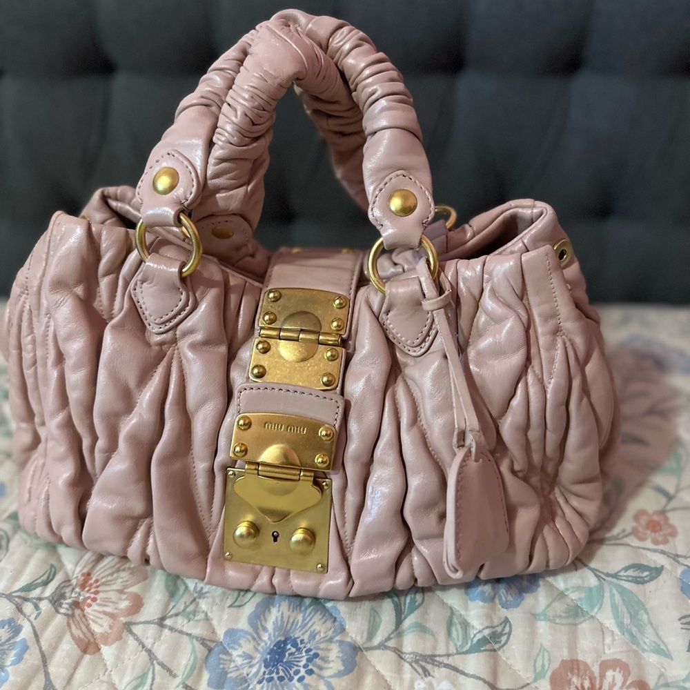 Miu Miu Blush Pink Matelassé Leather Shoulder Bag with Gold Hardware